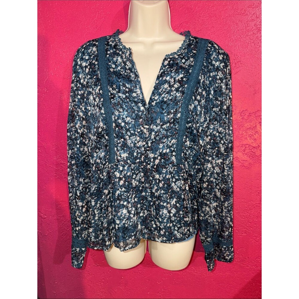 Frye & Co Teal Blue Floral lurex Lace-Trim Peasant Boho Top with peplum. Sz L.